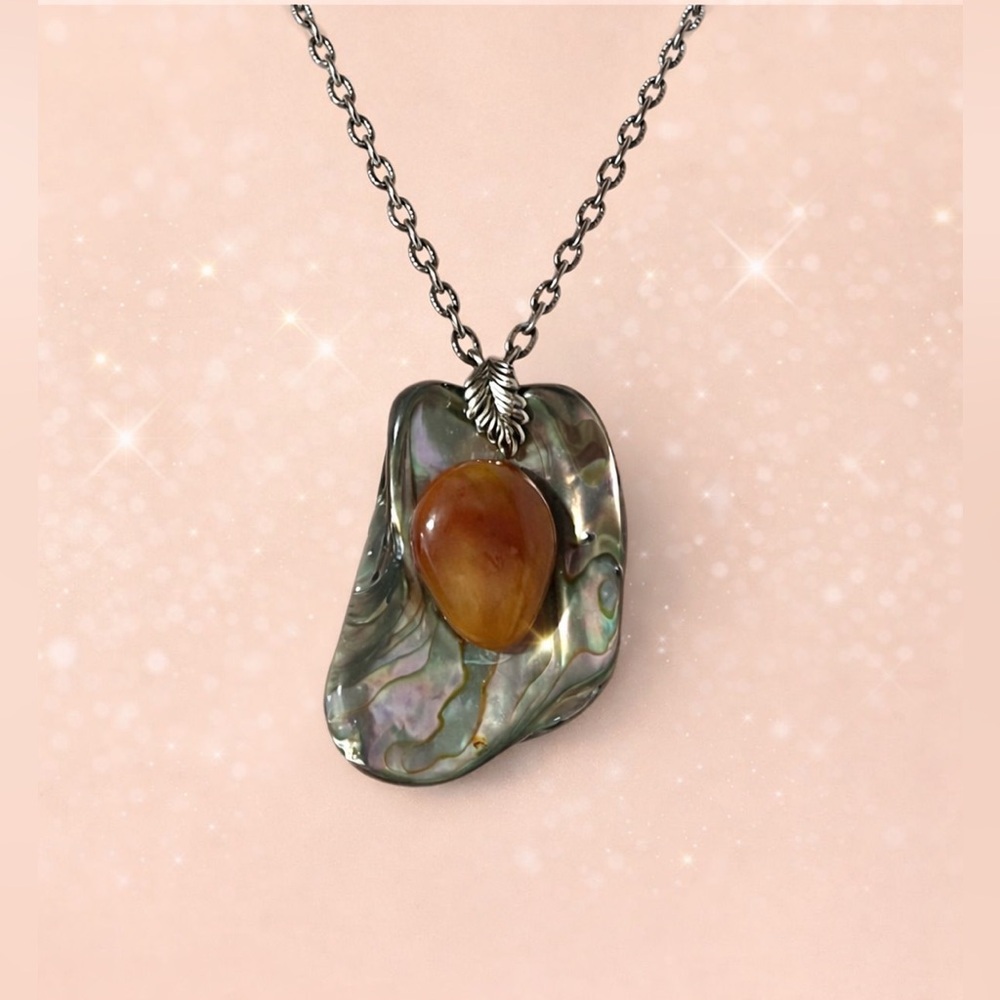 Vintage Y2K Boho Abalone Shell Carnelian Pendant Necklace Silver Tone Statement